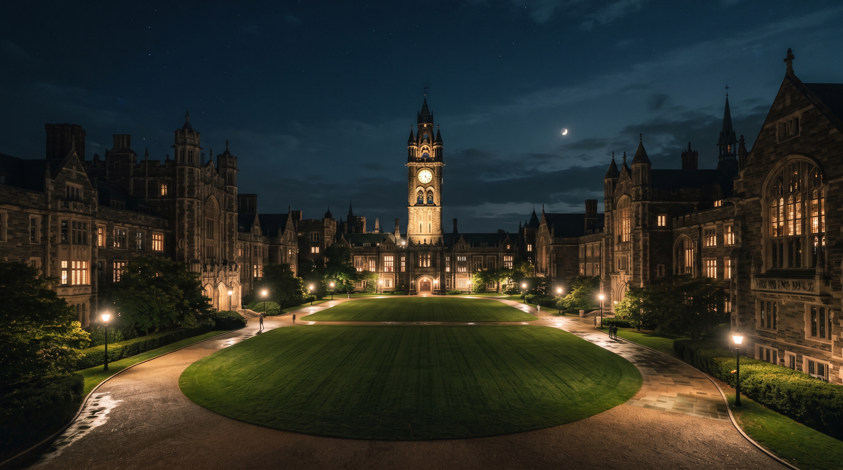 Central grounds of Saint Aurelius Academy at night.