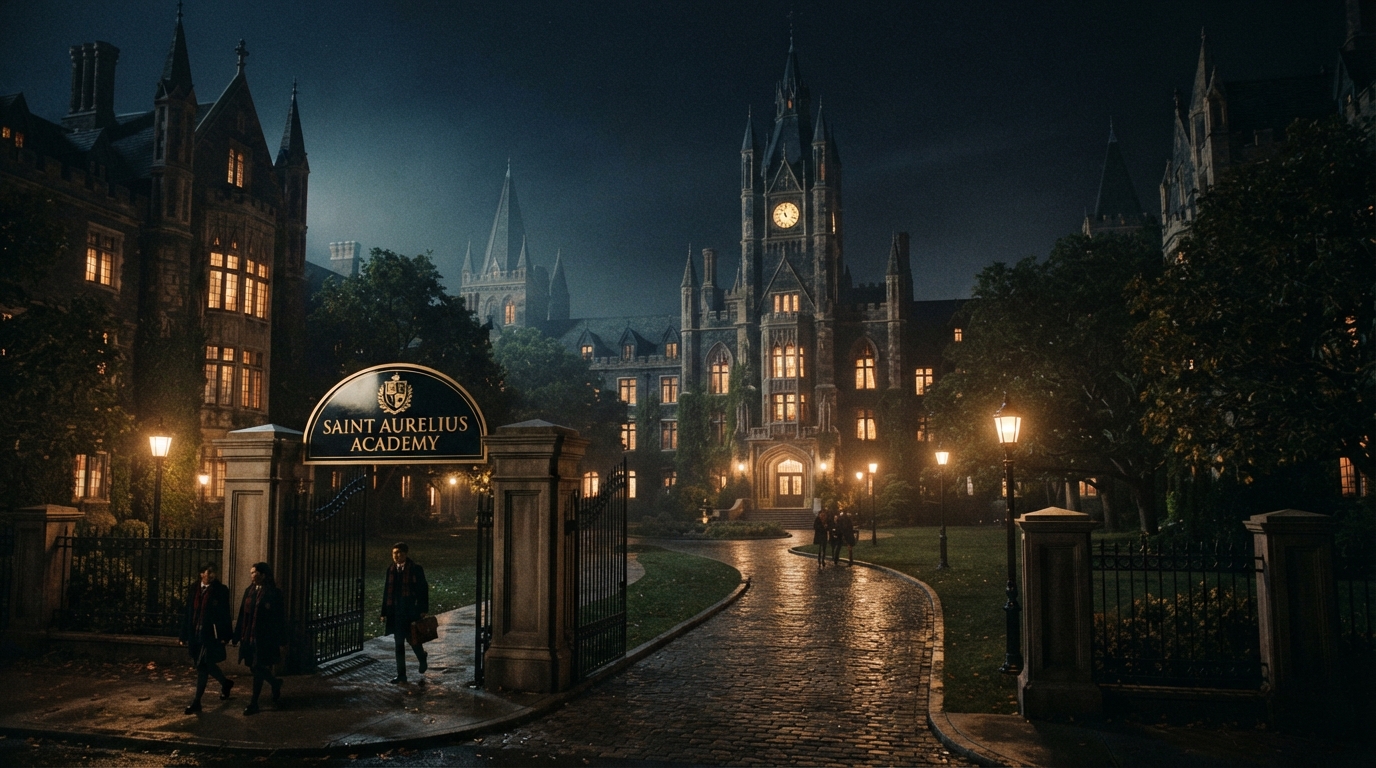 Students and faculty crossing a historic Saint Aurelius Academy corridor at night.