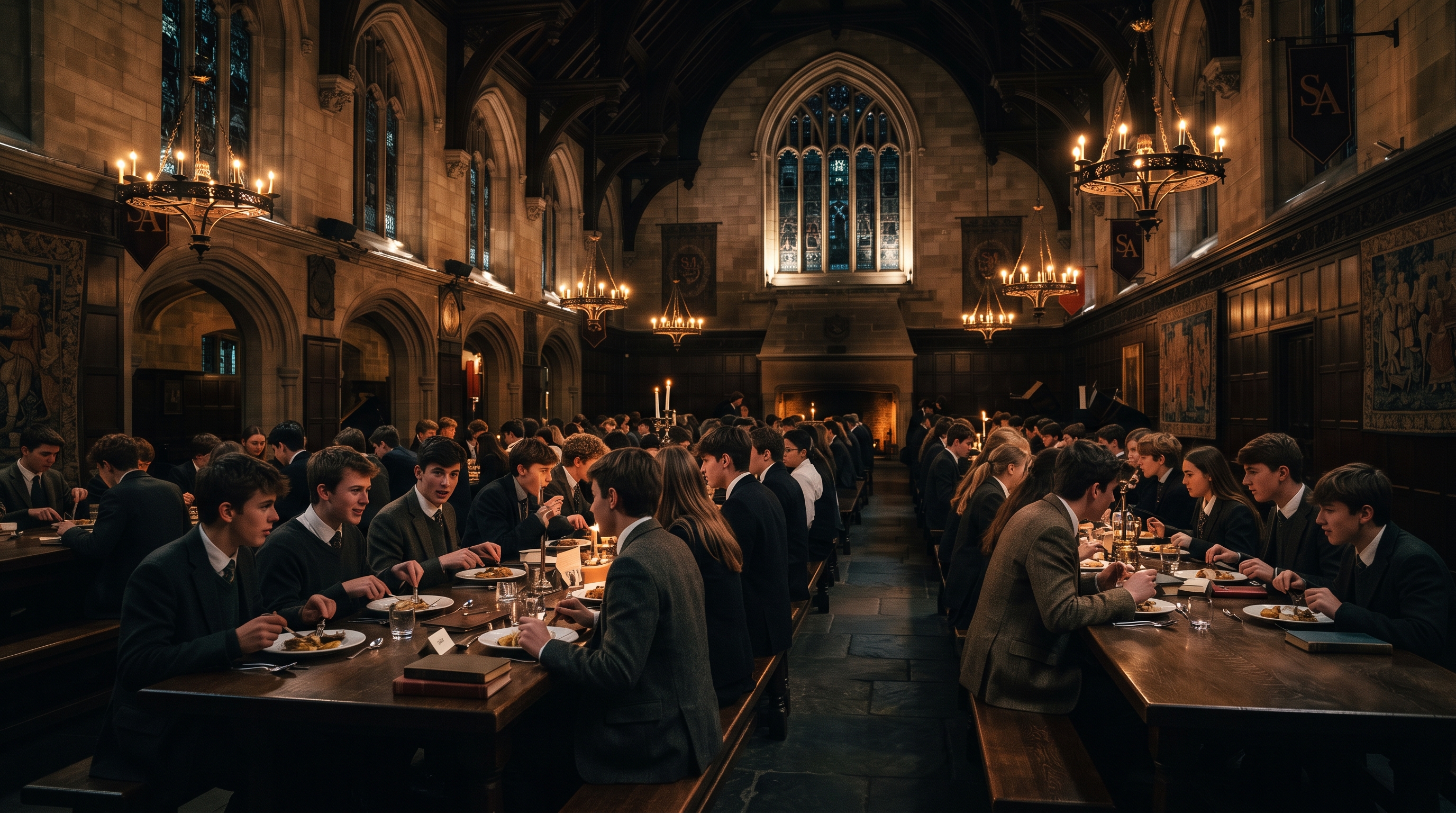 Students dining together inside the Refectory at Saint Aurelius Academy.