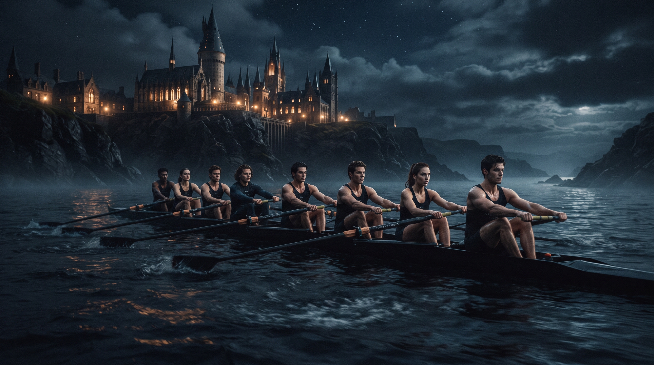Saint Aurelius Academy rowing crew training on the waters surrounding Vesper Island.