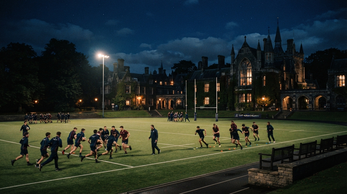 Saint Aurelius Academy rugby training at night.