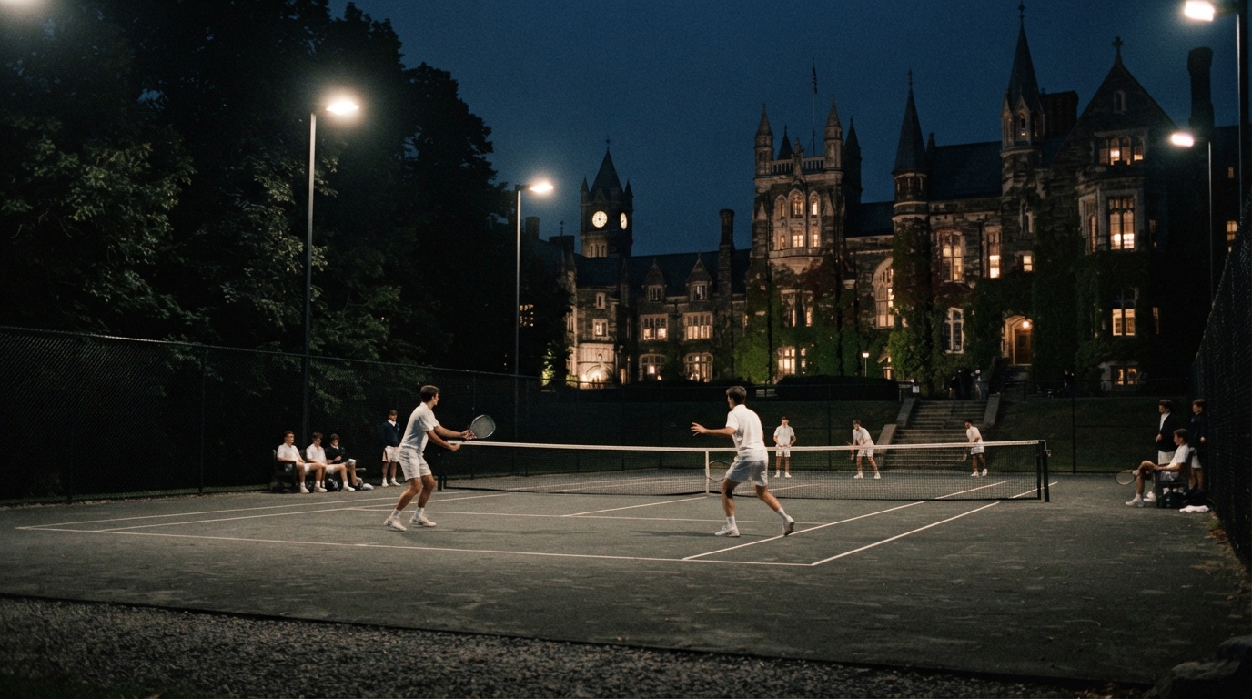 Students playing tennis at Saint Aurelius Academy at night.