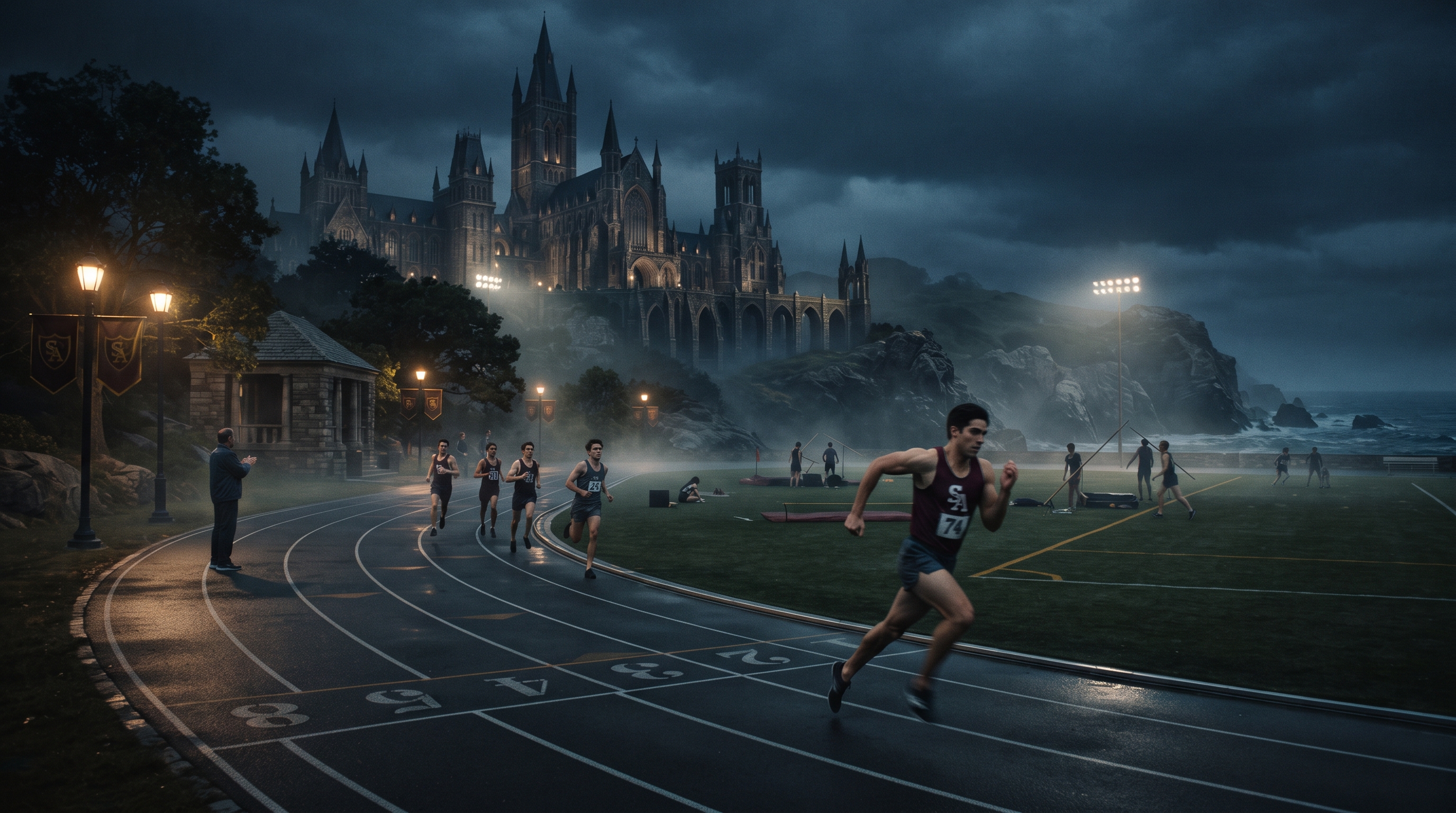 Saint Aurelius Academy athletes sprinting on the running track.